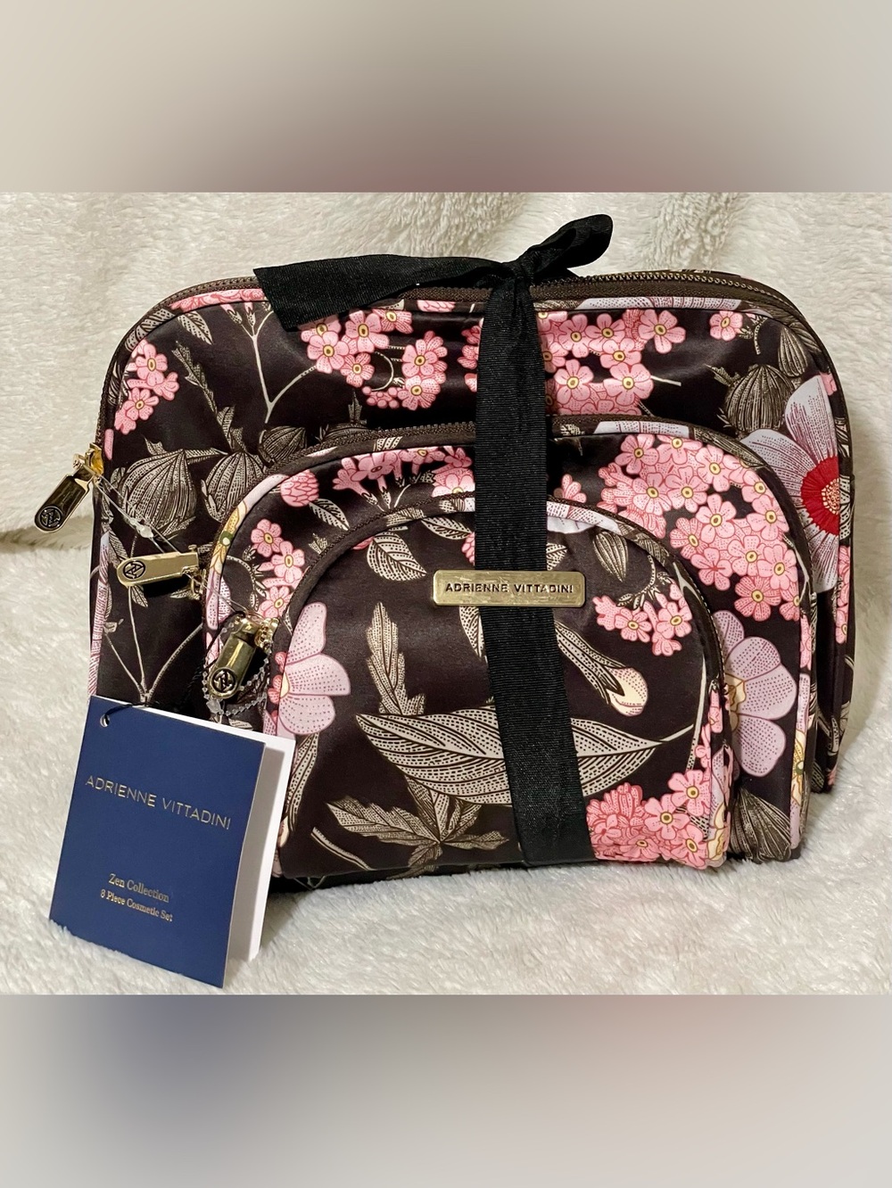 Adrienne Vittadini Brown Cosmetic Pouch Set with Pink Floral Print
